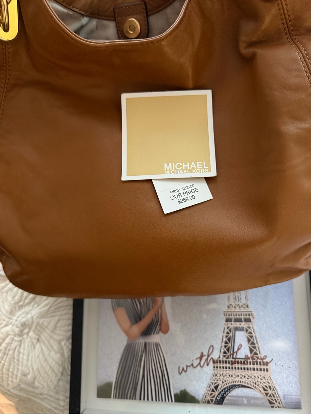 Michael Kors Cognac Leather Shoulder Bag with Gold Chain Detail - Picture 2 of 6
